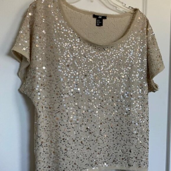 H and M Ivory Sequin Short Sleeve Boxy Blouse Top Medium - Picture 4 of 16